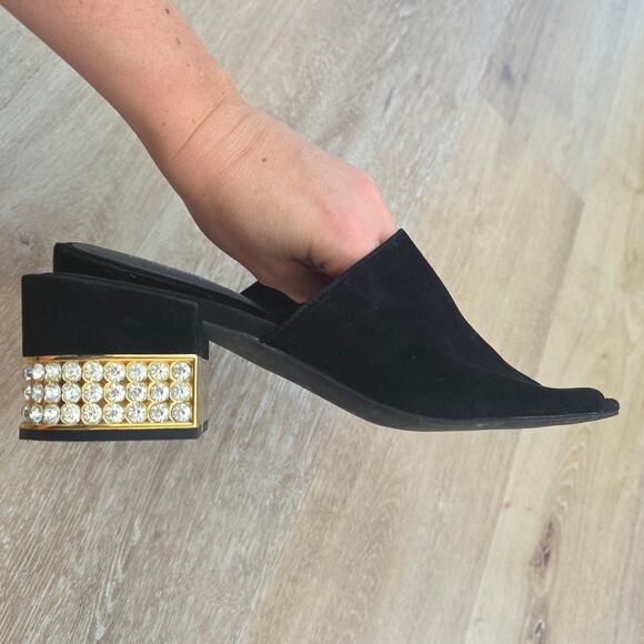Jeffrey Campbell Teseida Black Suede Leather Block Heel Mule sz 9 Rhinestone Gem - Picture 7 of 9